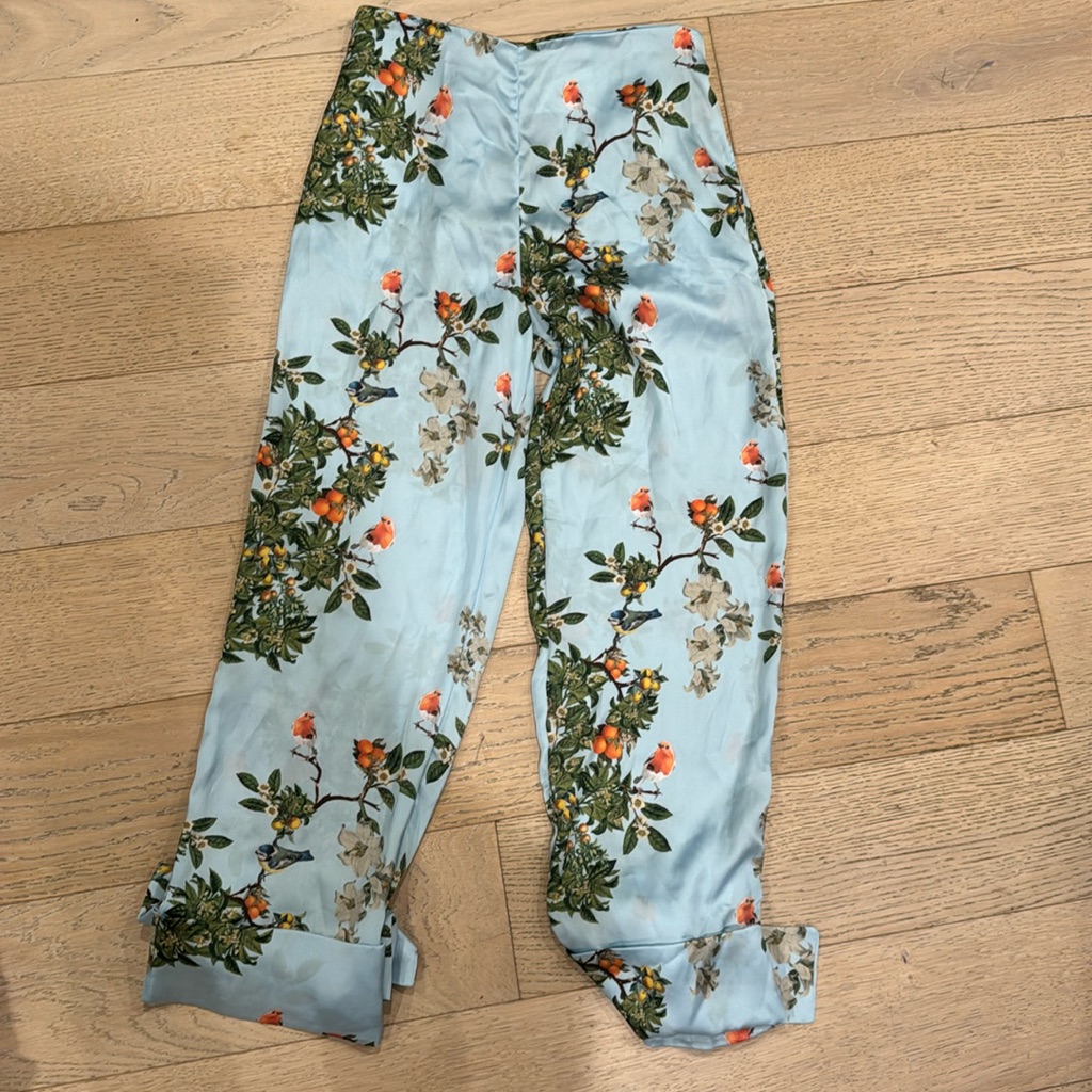 Light Blue Orange Silky Pants With Birds And Bow Back Ankle Cuffs S